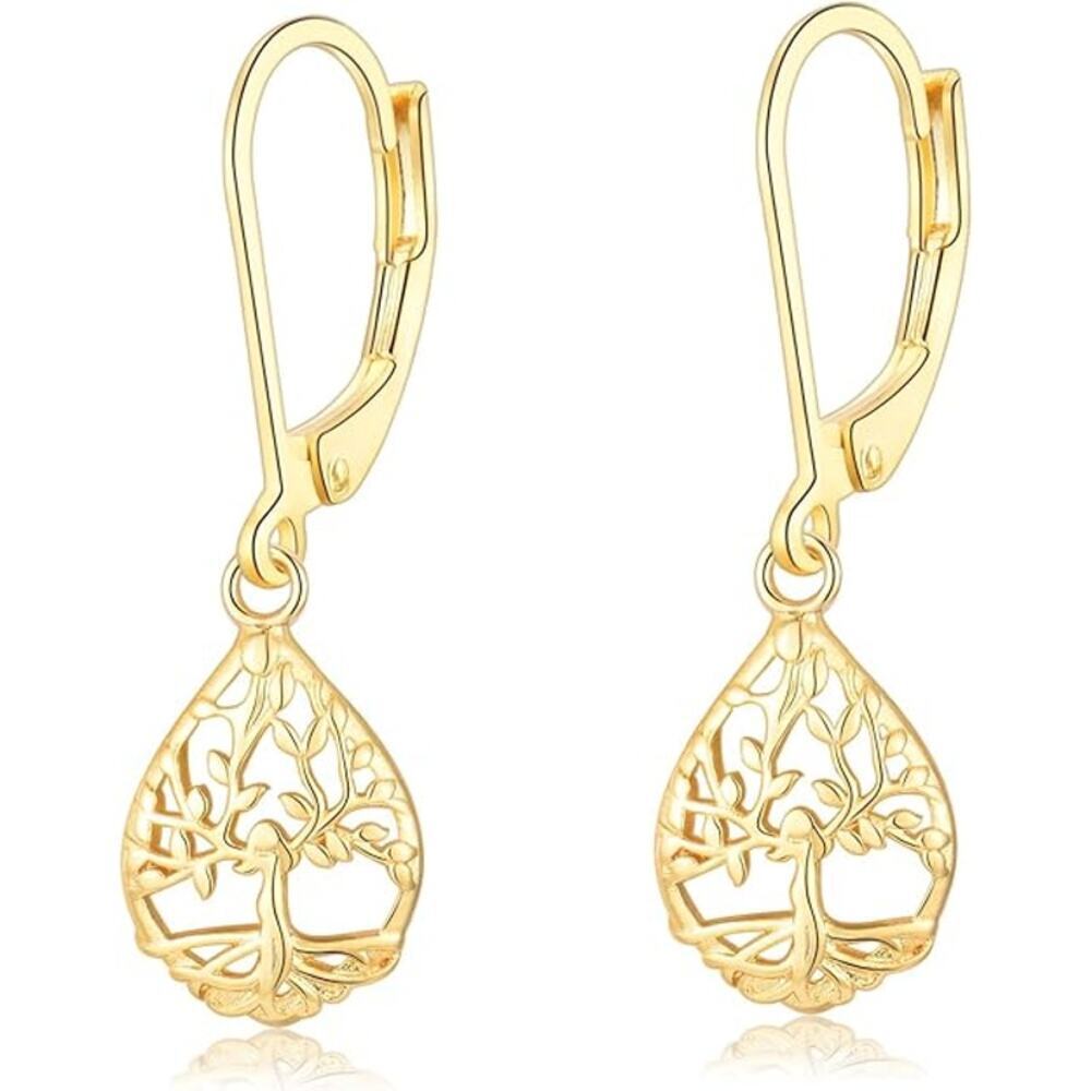 Gold Teardrop Leverback Dangle Tree of Life Earrings for Women